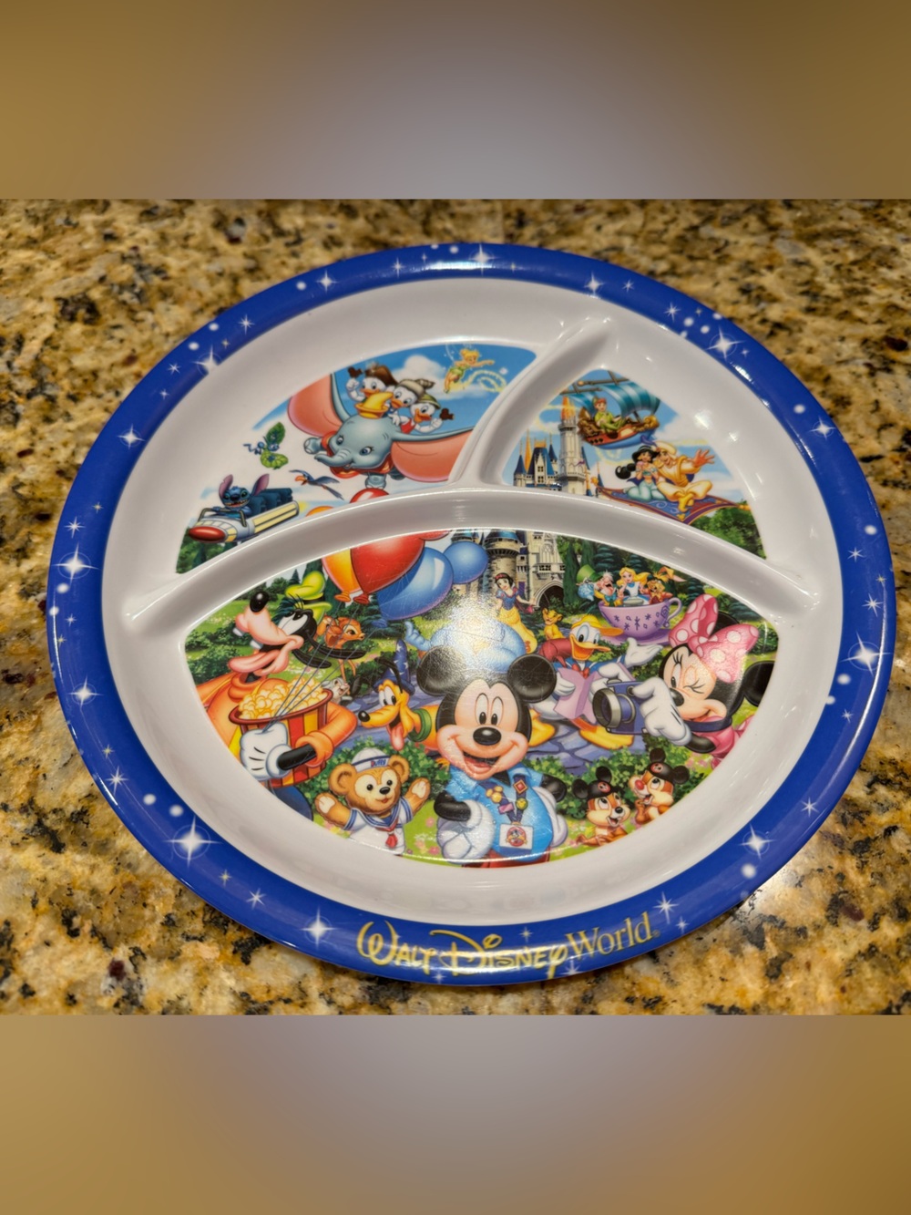 Walt Disney World: Blue Rim Divided Kids 10” Plate with Classic Characters